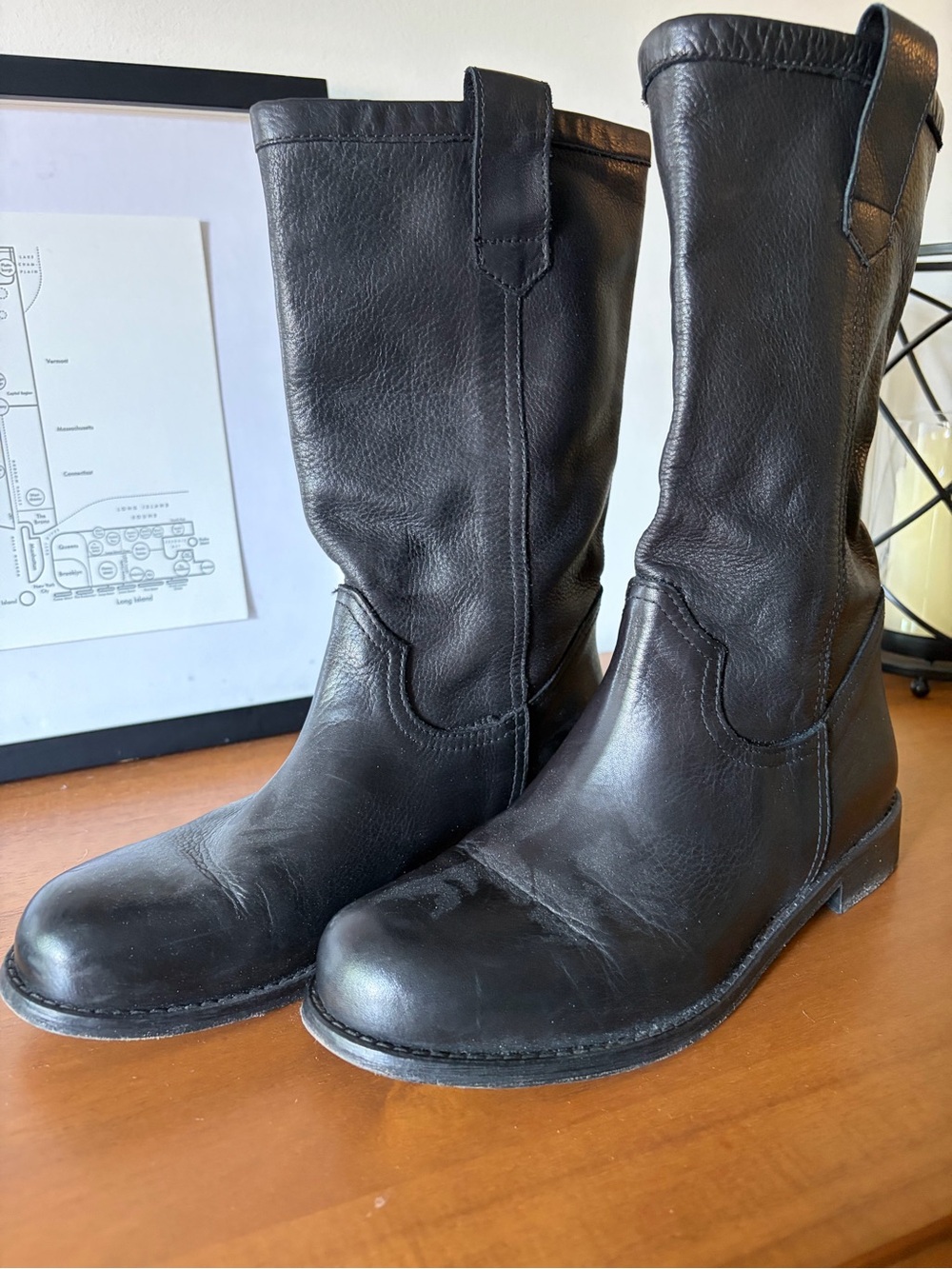 Garnet Hill Black Leather Mid-Calf Pull-On Boots